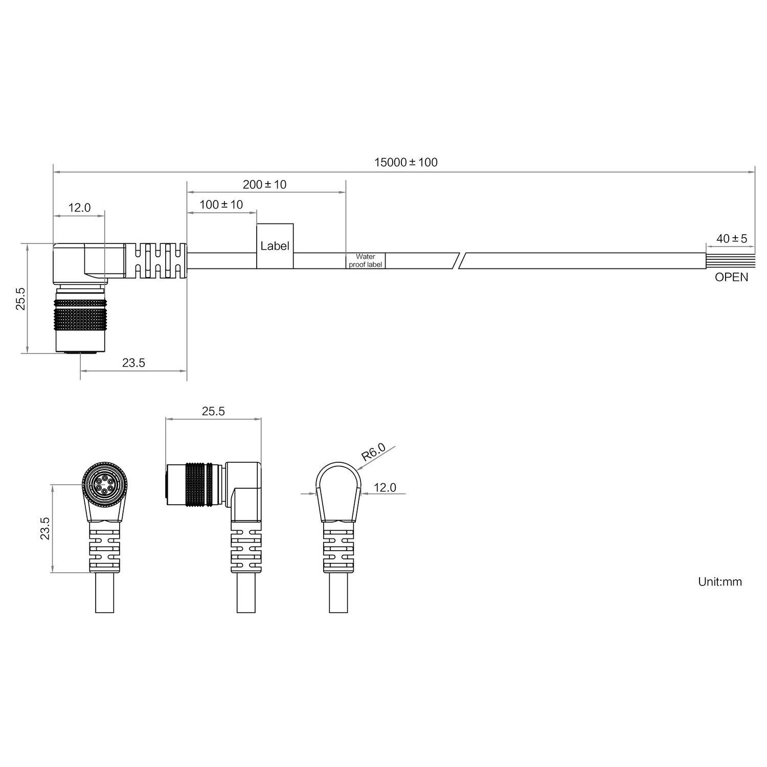 HIKROBOT Power/IO Cable, Hirose 6pin Flexible, Right Angle HR10A-7P-6S (left) to Open, 15m - Image 2